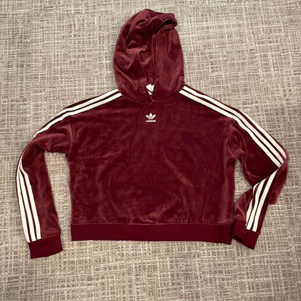 Adidas Maroon Cropped Velvet Hoody - Size XS
